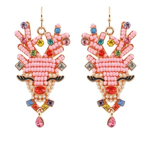 NEW in Gift Pouch - Reindeer Crystal & Beaded Christmas Holiday Pink Earrings - Picture 4 of 5